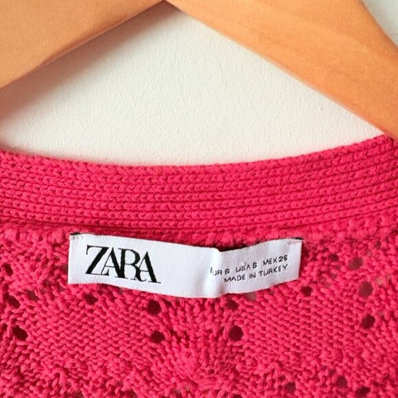 Zara Rhinestone Pointelle Knit Cropped Cardigan Sweater Fushia Pink Size Small - Picture 6 of 8